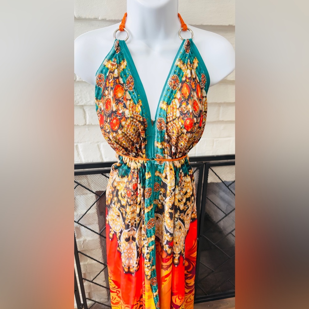 Embellished Jewel Print Hi-Low Halter Maxi Dress Medium